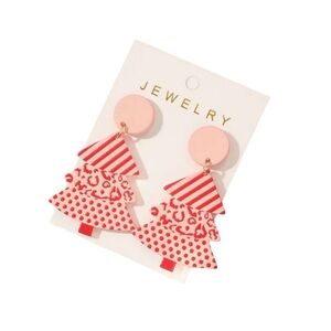 Red & Pink Print Christmas Tree Dangle Earrings